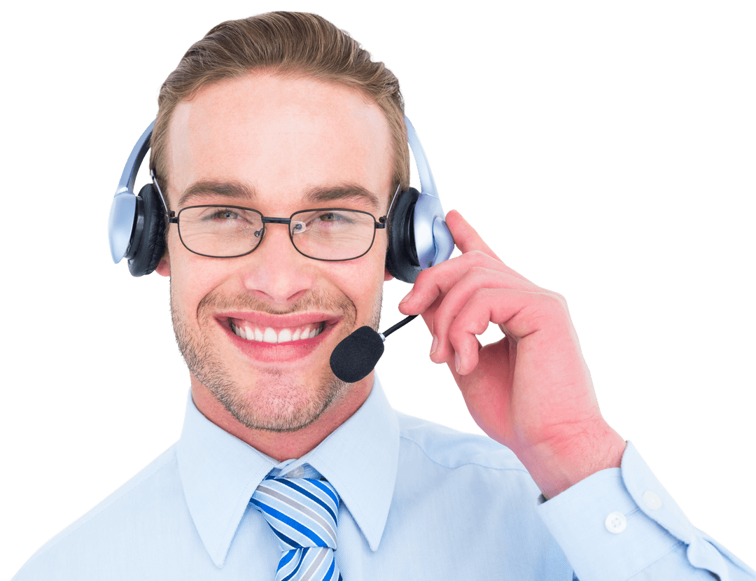 Transparent Businessman Smiling While Using Headset for Communication