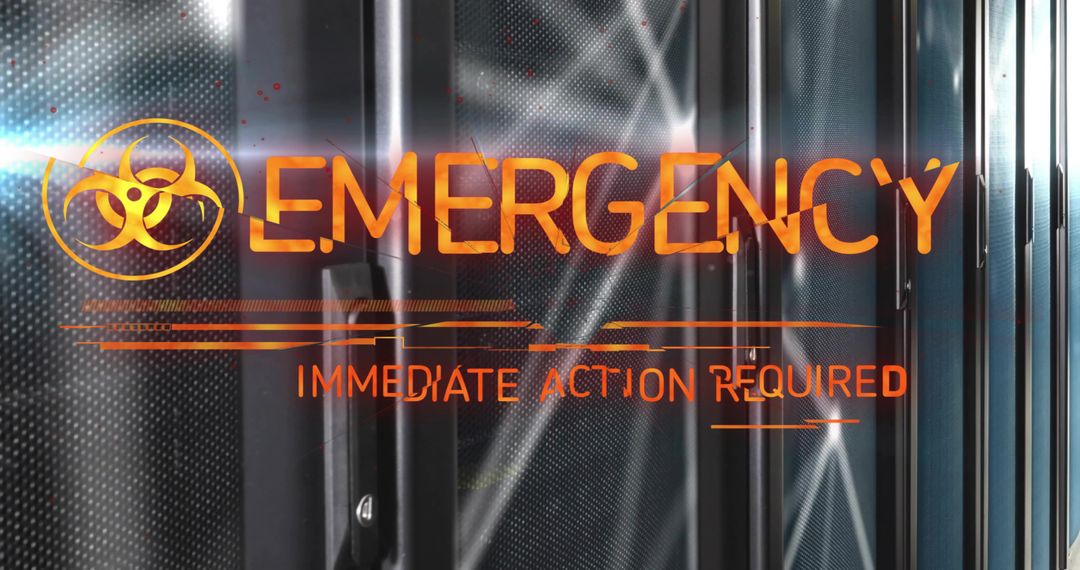 Futuristic Server Room Emergency HUD Display with Biohazard Alert and Warning Overlay