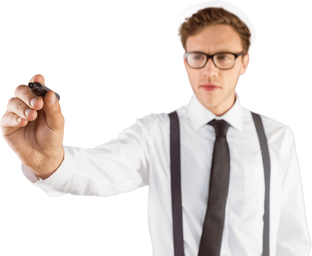Transparent Geeky Businessman Writing Action