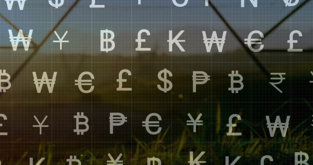 Global Currency Symbols on Nature Backdrop Representing Finance and Economy