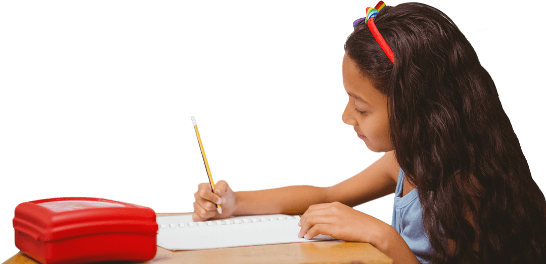 Young Biracial Girl Writing on Transparent Background for Learning Concept