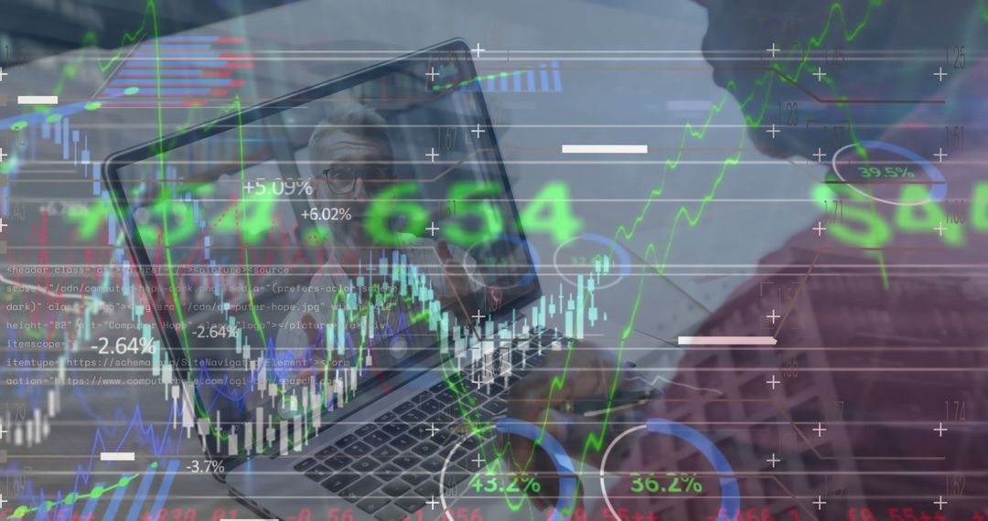 Person Analyzing Stock Market Data on Laptop with Trading Graphs Overlay - Free Images, Stock Photos and Pictures on Pikwizard.com