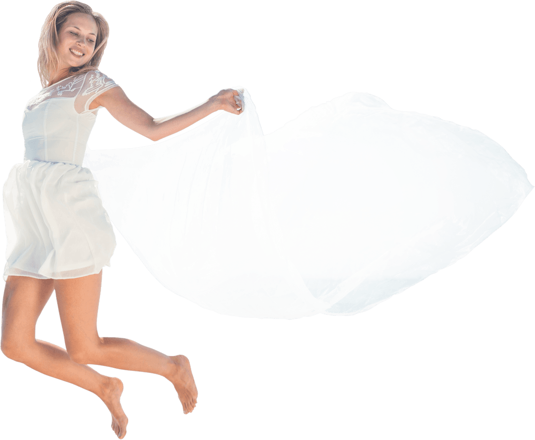 Caucasian Woman Joyfully Jumping with Flowing Fabric on Transparent Background