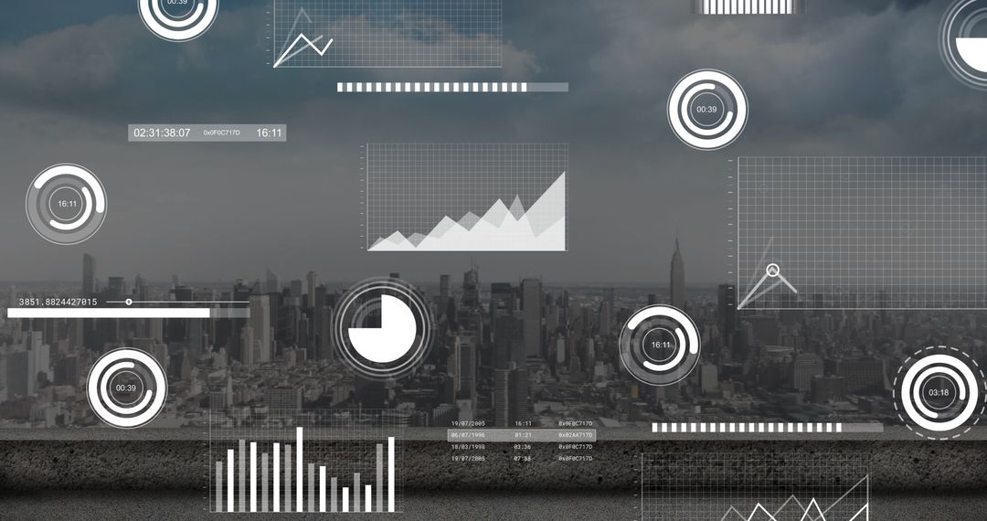 Digital Interface with Data Graphics Over Urban Skyline Background