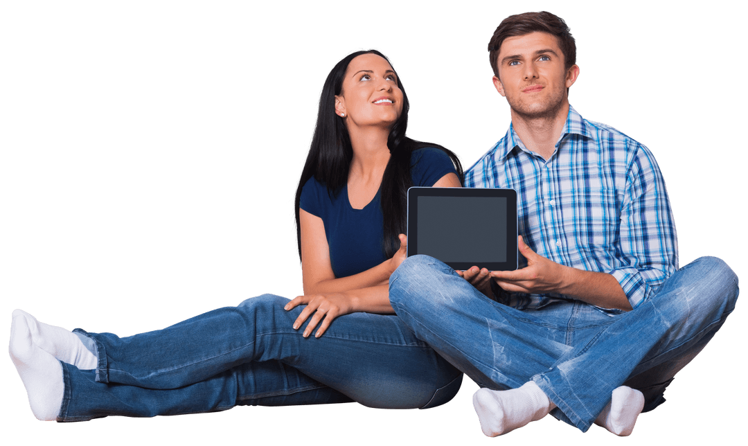Happy Couple with Tablet on Transparent Background