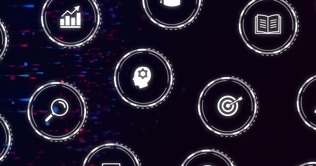 Glowing Neon Dashboard UI Featuring Cognitive Gear Icon and Dashed-Ring Visuals