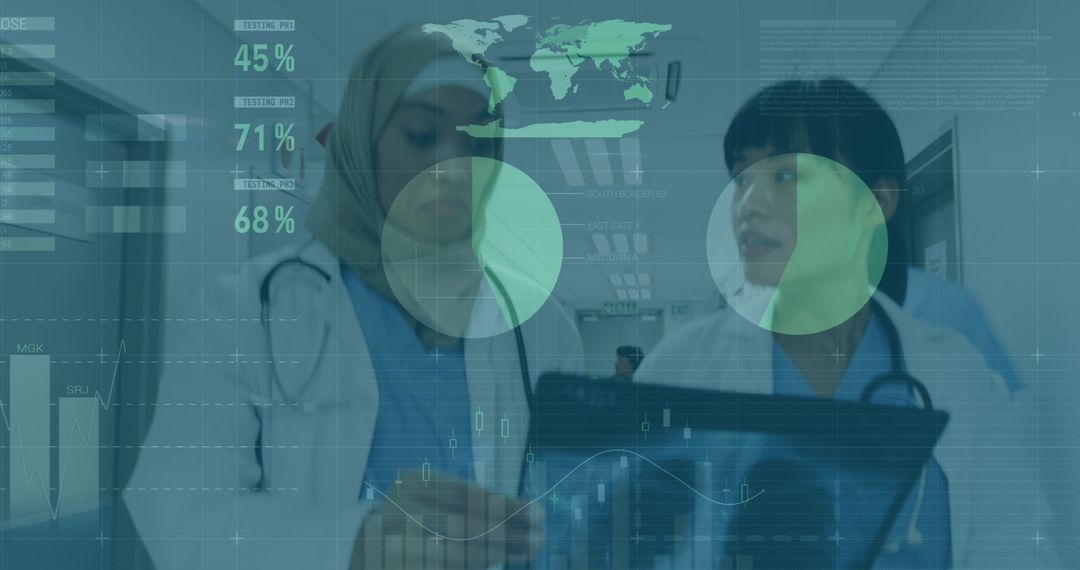 Doctors Engaged with Digital Data Interface and Global Health Analytics