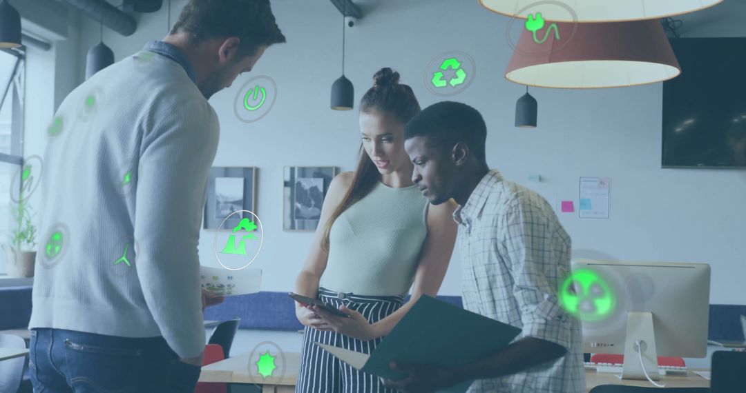 Diverse Team Collaborates with Eco-Friendly Concepts at Office