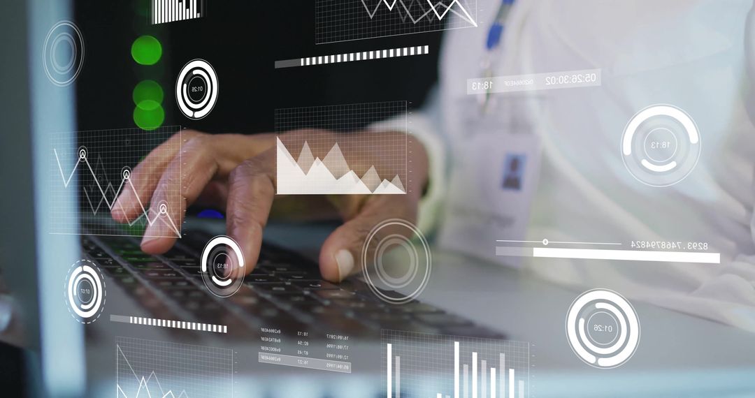 Man Typing on Laptop with Digital Data and Analytics Graphics Overlay