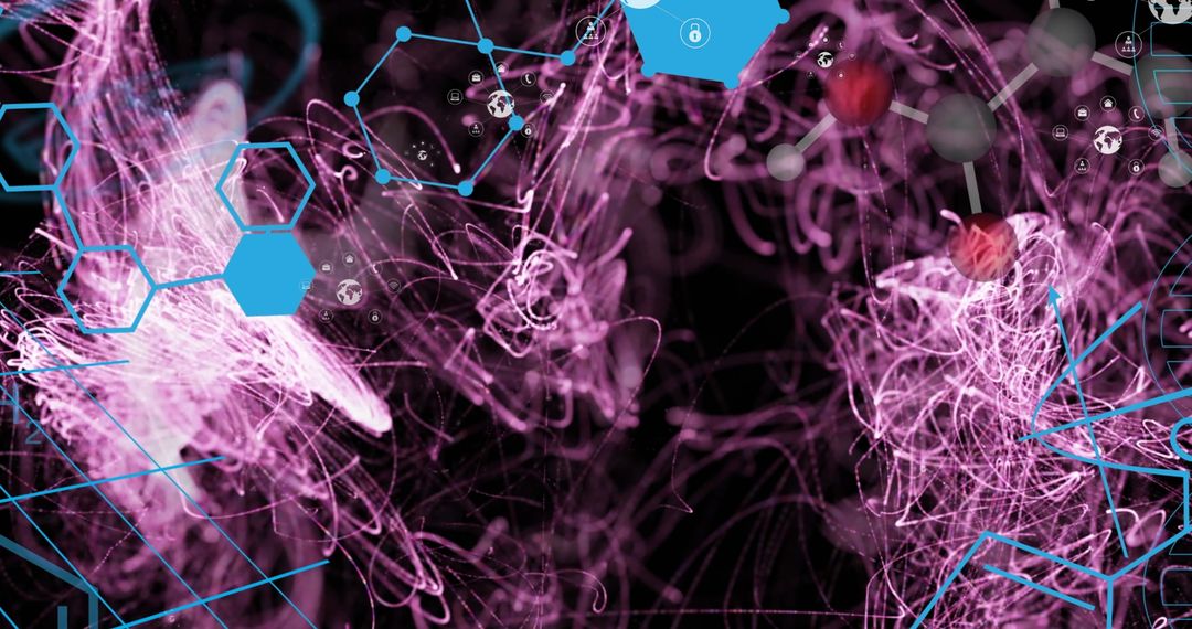 Futuristic Digital Network with Purple Filaments and Blue Hexagons