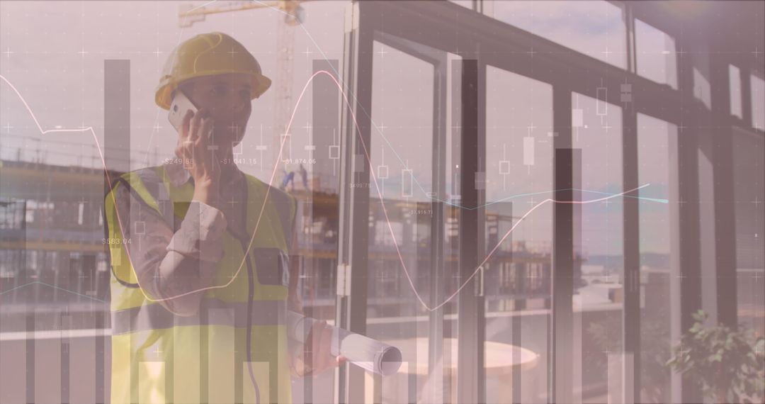 Female Architect on Call Overlaid with Financial Analytics Charts