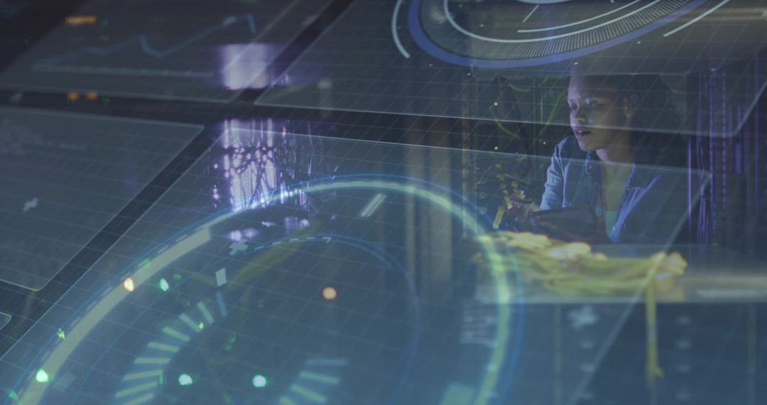 Innovative Woman Interacting with Futuristic Holographic Display