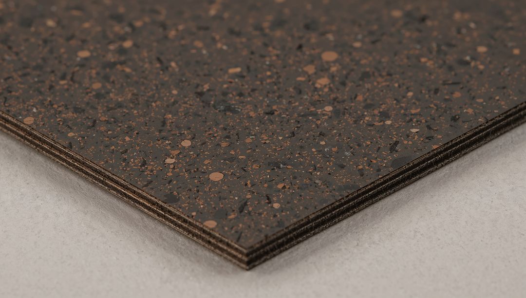 Stacked Speckled Composite Sheets with Copper Flecks Layered Plywood Core Texture Closeup