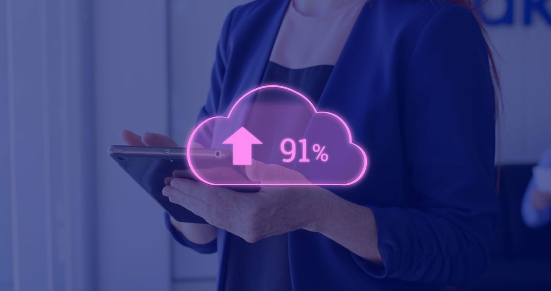 Businesswoman Using Tablet with Digital Cloud Upload Icon