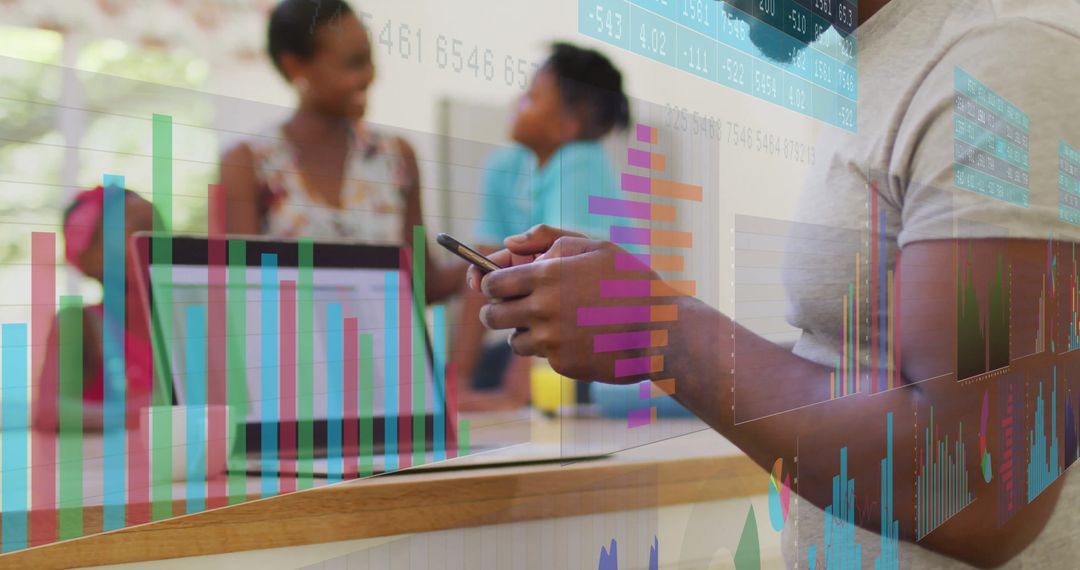 Man Checking Mobile Device with Digital Data Projections