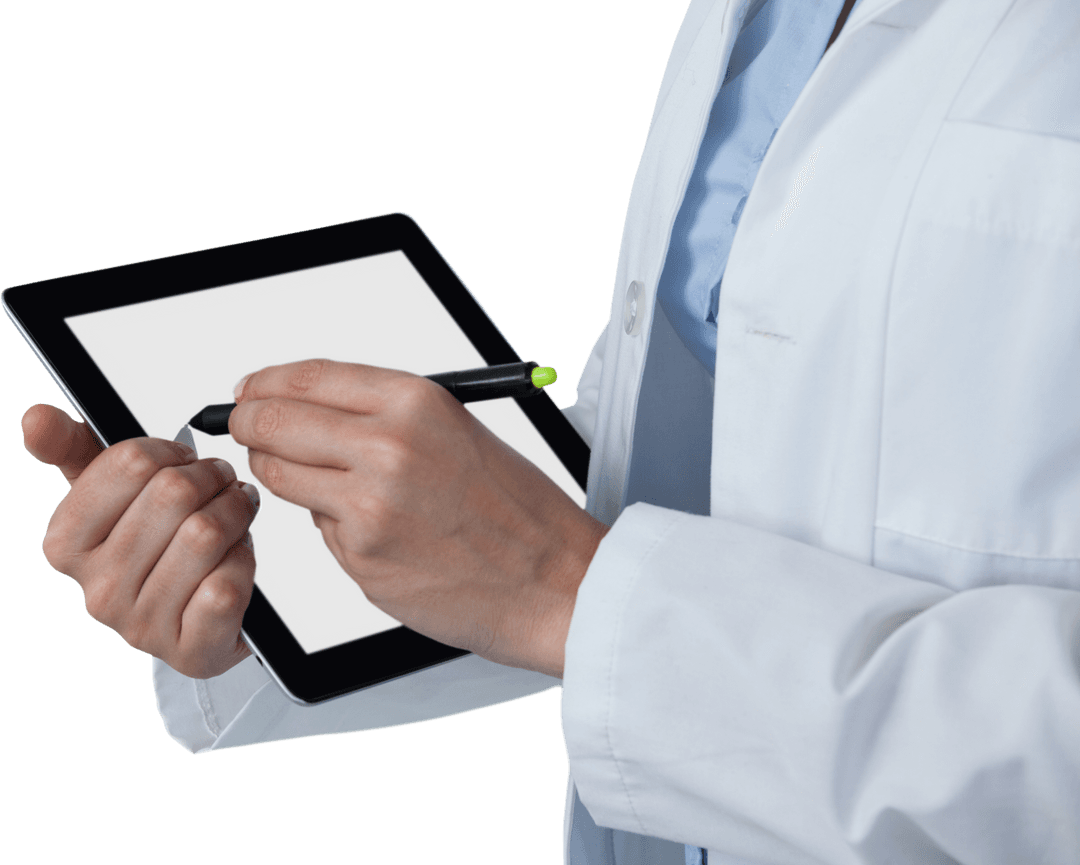 Transparent Female Doctor Using Digital Tablet with Stylus Close-Up