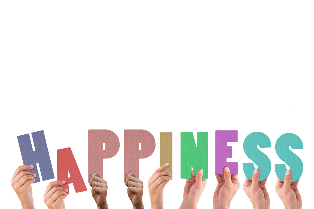 Transparent Hands Holding Colorful Happiness Letters