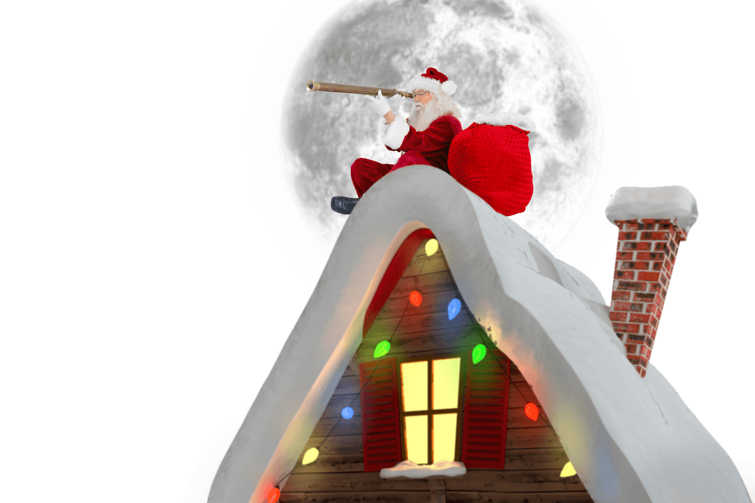 Santa Transparent Sitting on Snowy Roof with Telescope