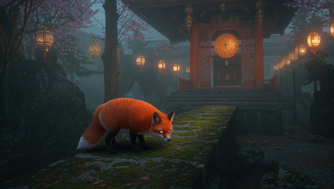 Prowling red fox on moss-covered stone walkway toward lantern-lit shrine in misty forest