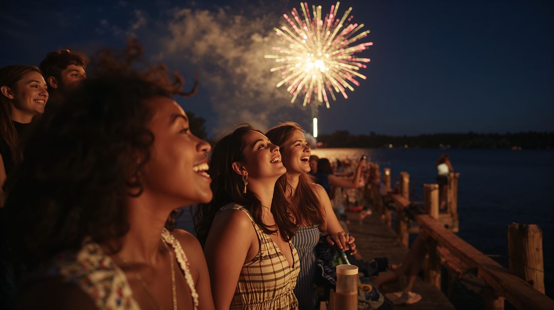 Group of Friends Watching Fireworks from Dock at Night Celebrating Summer Together