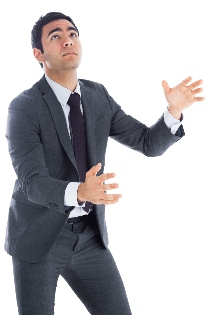 Focused Businessman Looking Up Waiting on Transparent Background