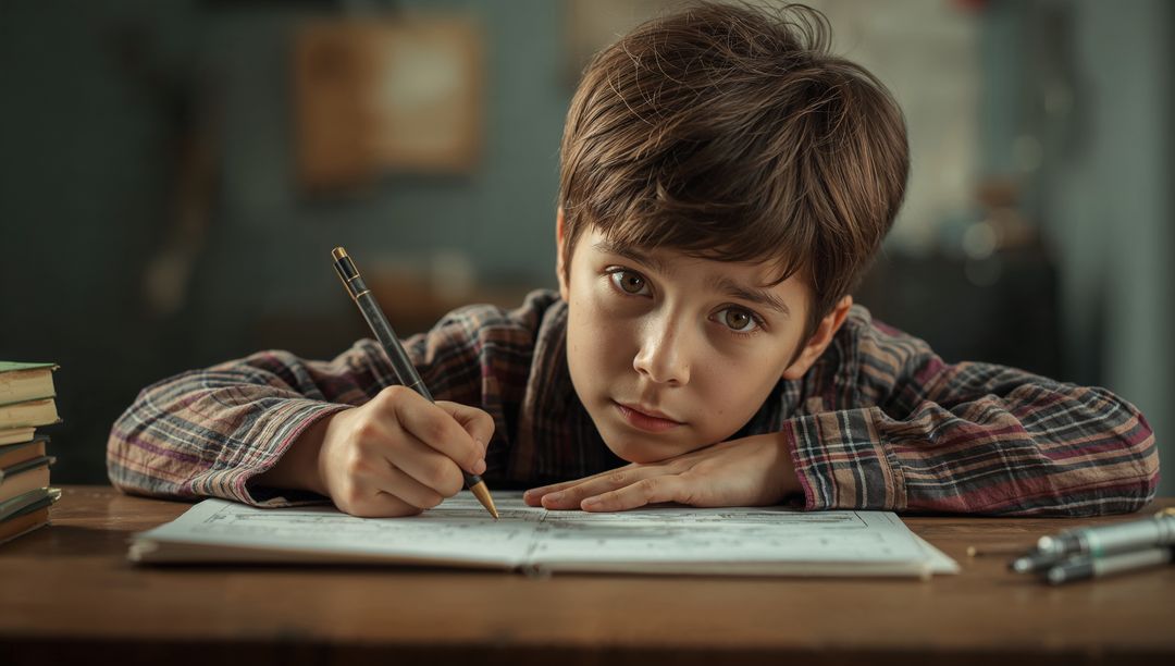 Focused Child Writing in Study Room with Pencil and Notebook