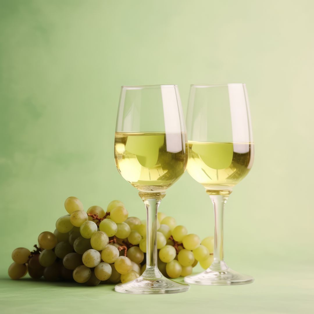 Two glasses of white wine and grapes on green background, created using generative ai technology - Free Images, Stock Photos and Pictures on Pikwizard.com