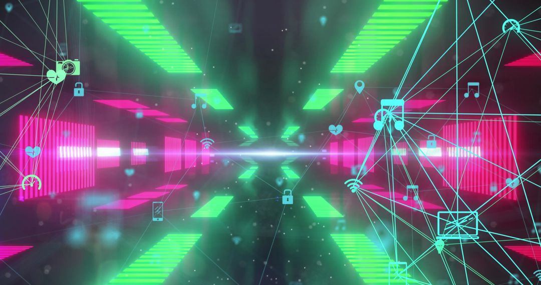 Digital Icons Spin in Neon Cyber Tunnel