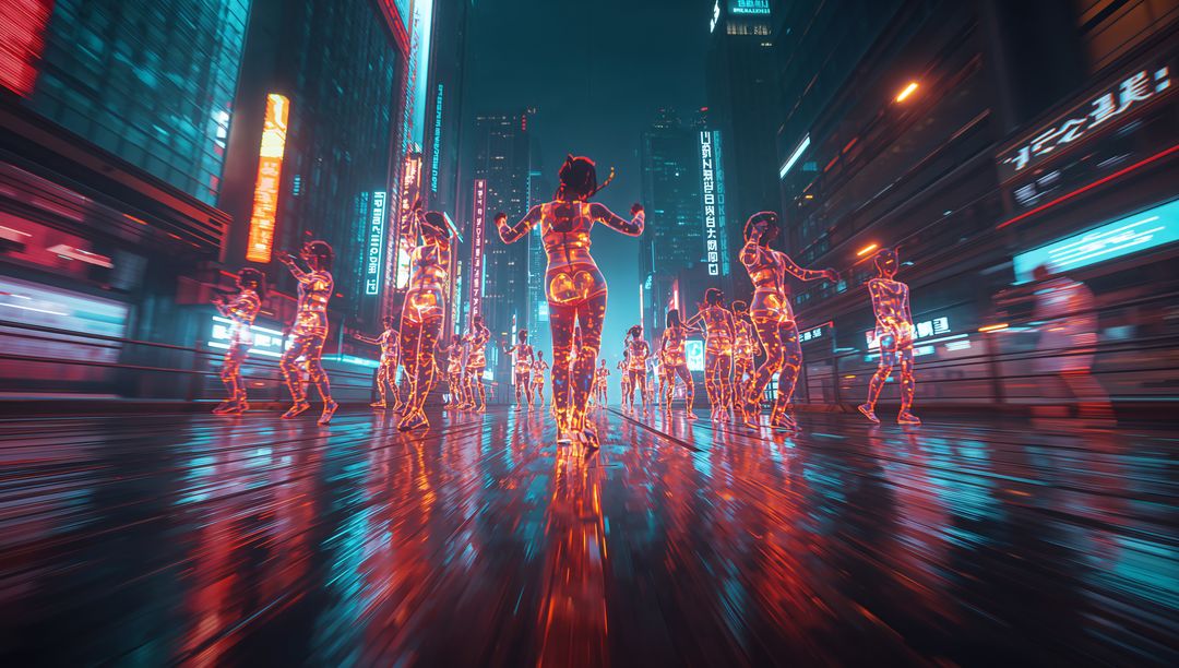 Futuristic Neon Hologram Figures in Cyberpunk Cityscape