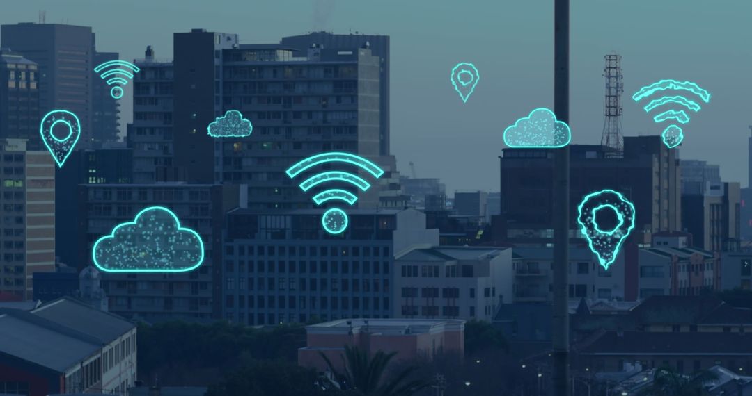 Digital Cloud and Network Icons Over Cityscape