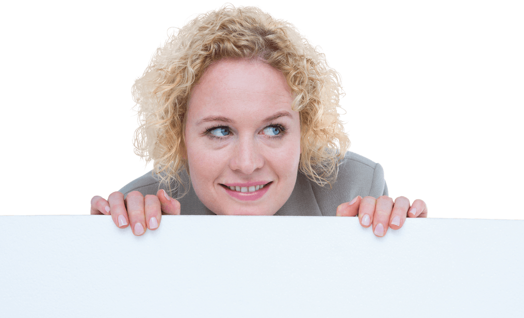 Smiling Woman with Curly Hair Behind Blank Sign on Transparent Background