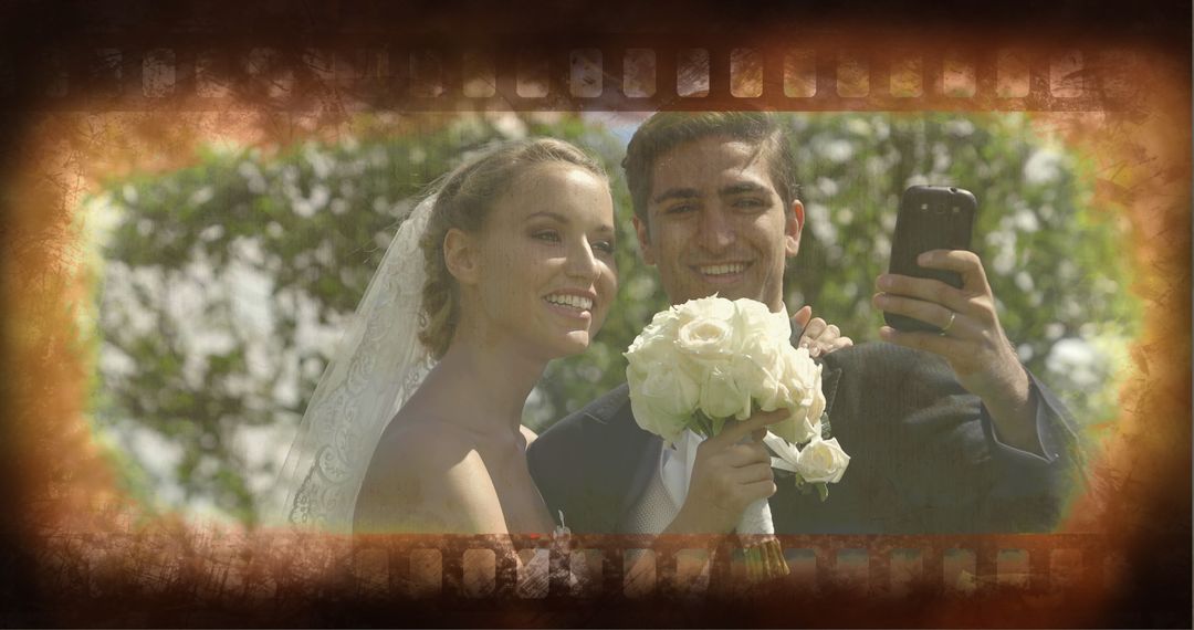 Bride and Groom Taking Selfie in Garden Setting