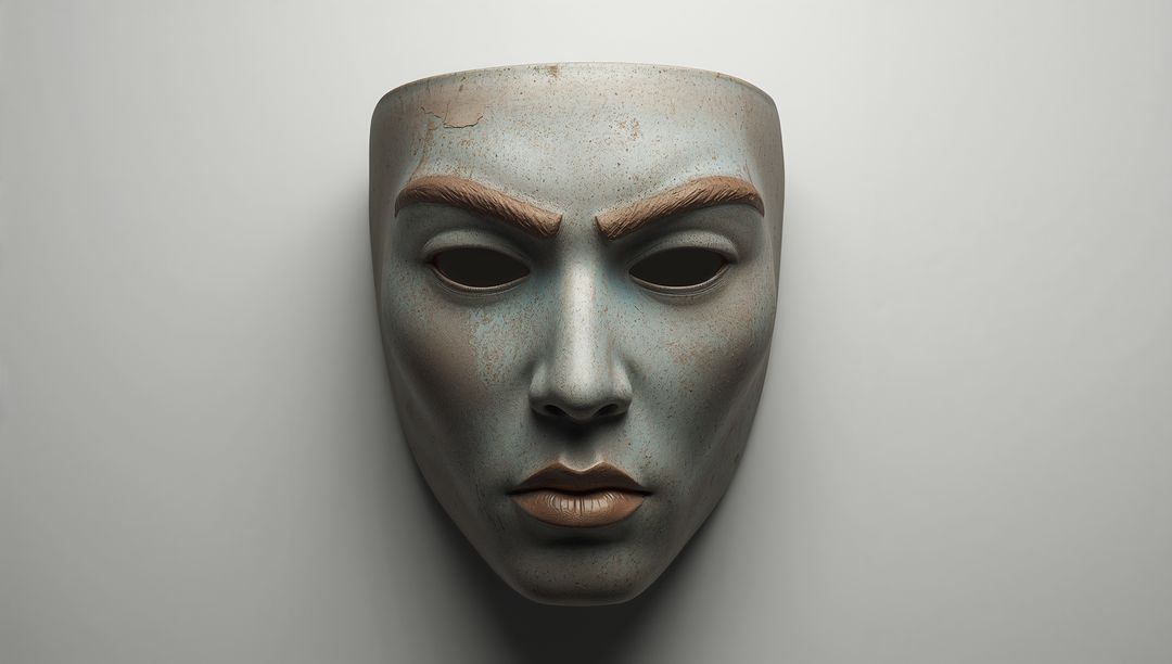 Worn Ceramic Mask Featuring Teal Patina, Hollow Eyes and Textured Brows for Displays