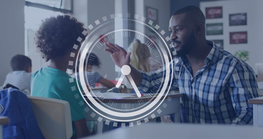 Teacher High-Fiving Student with Clock Overlay in Classroom
