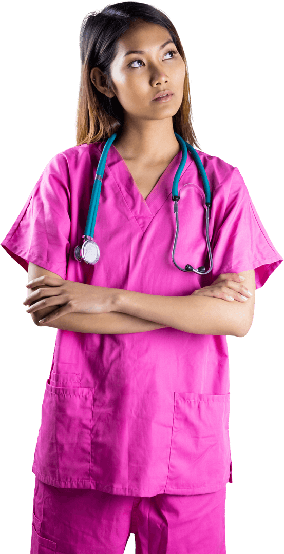 Confident Asian Nurse in Pink Scrubs on Transparent Background