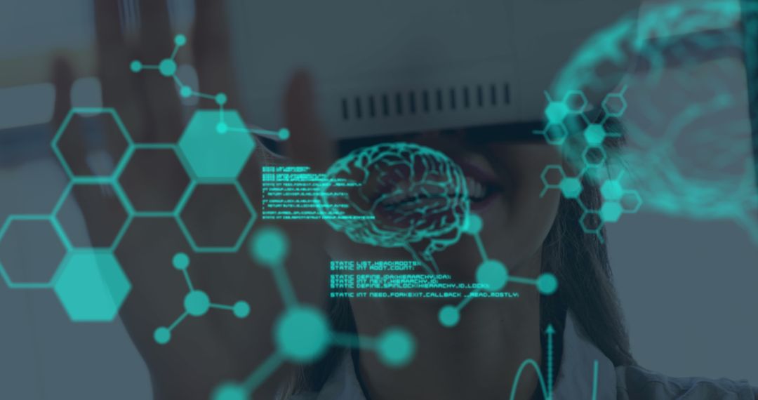 Businesswoman Using VR Headset with Augmented Reality Interfaces