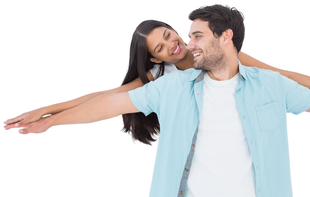 Happy Couple Smiling with Playful Piggyback Ride on Transparent Background