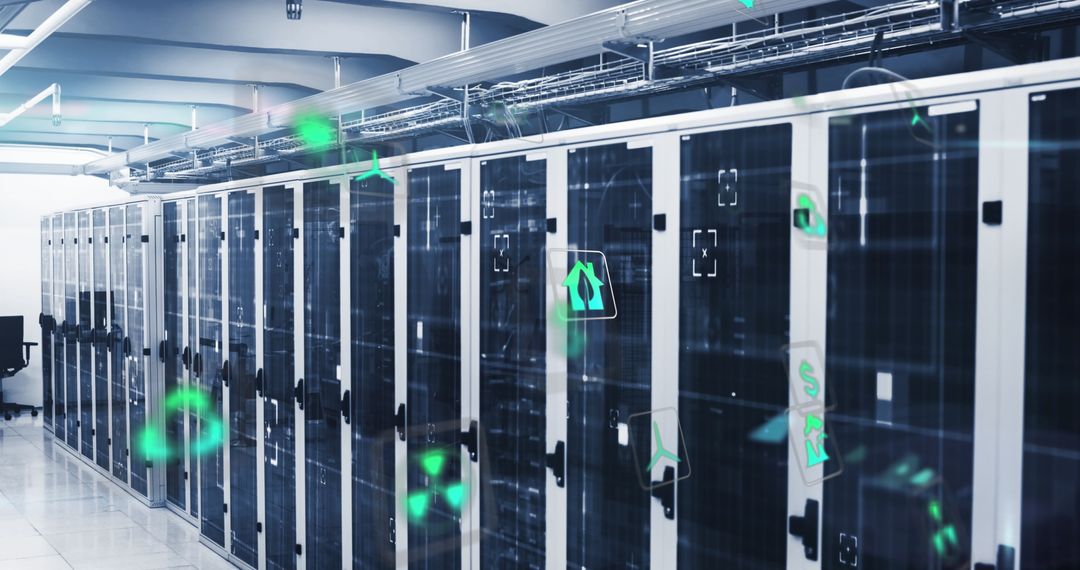 Futuristic Icons Overlay on Data Server Room Networking Technology