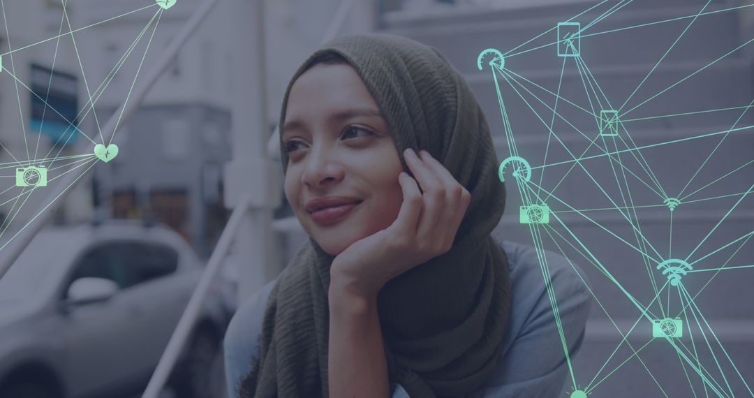 Smiling Hijab Woman Surrounded by Digital Media Network Icons
