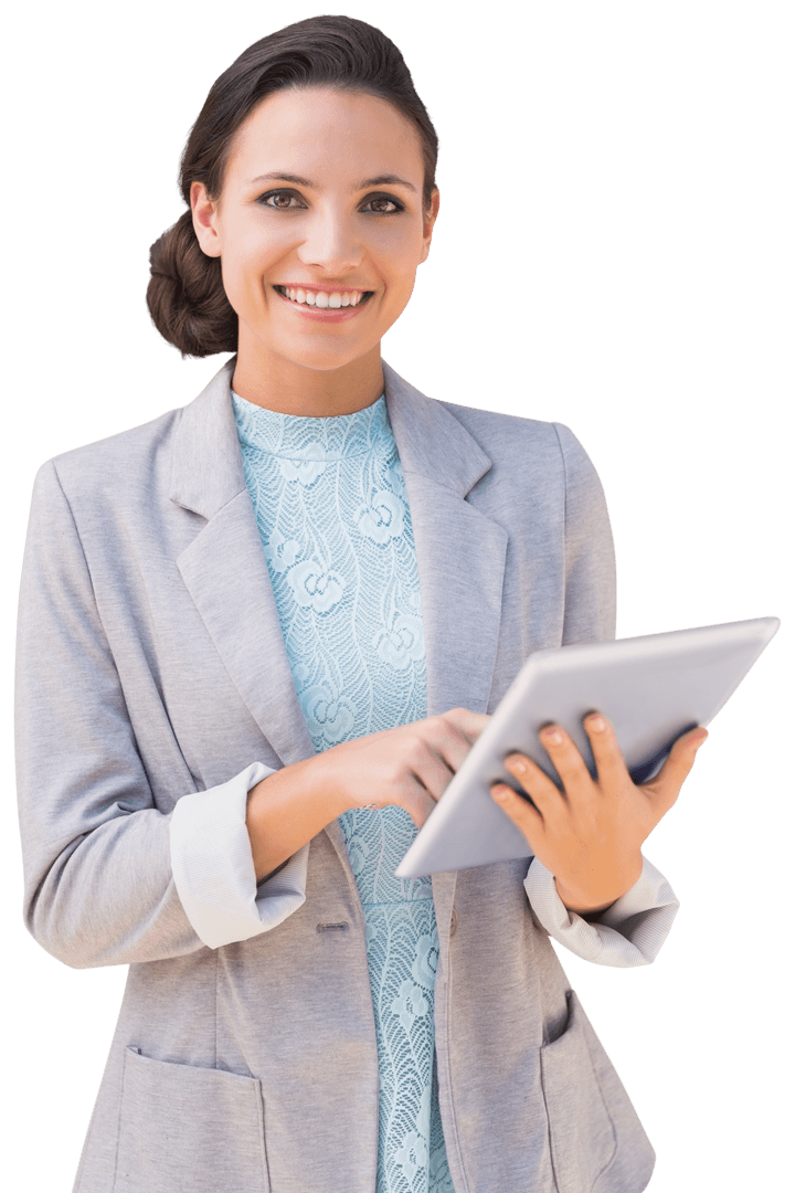 Positive Businesswoman Using Tablet on Transparent Background