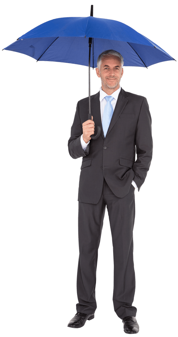 Transparent Businessman Holding Blue Umbrella Smiling