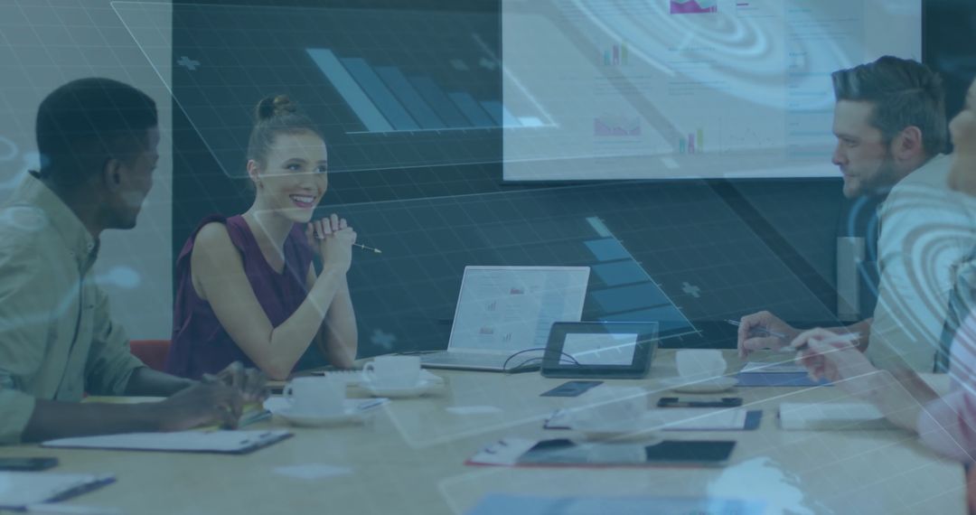 Diverse Team Brainstorming in Modern Office with Digital Infographic Overlay