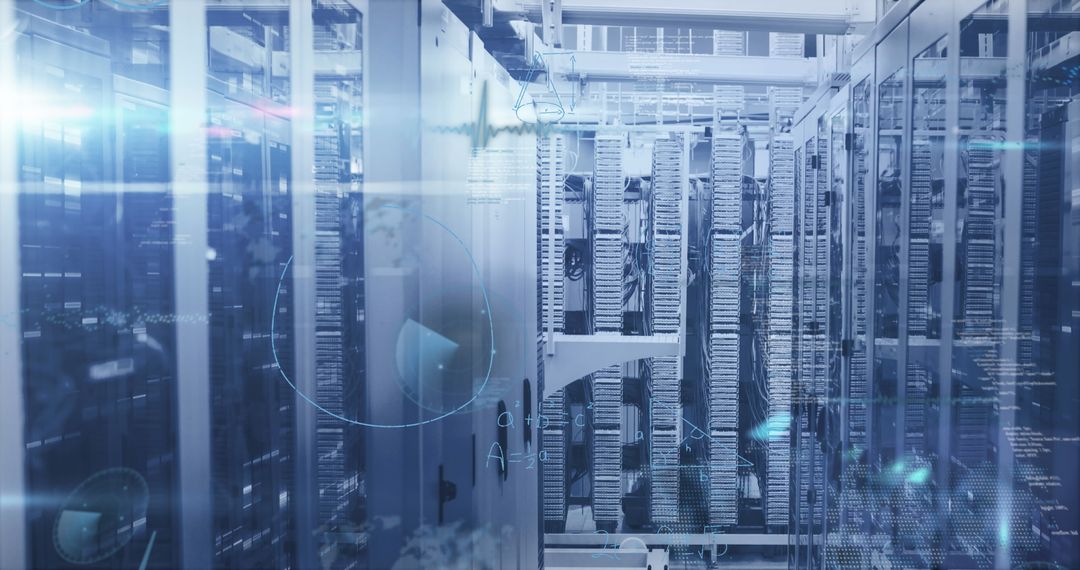 Futuristic Data Center with Digital Interface and Mathematical Equations