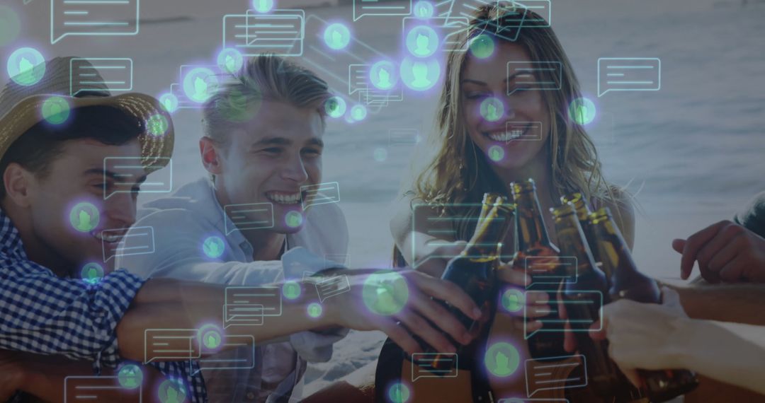 Friends Celebrating with Beer on Beach with Digital Chat Element