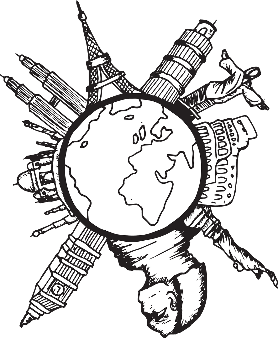 World Travel Landmarks Globe Transparent Vector Illustration