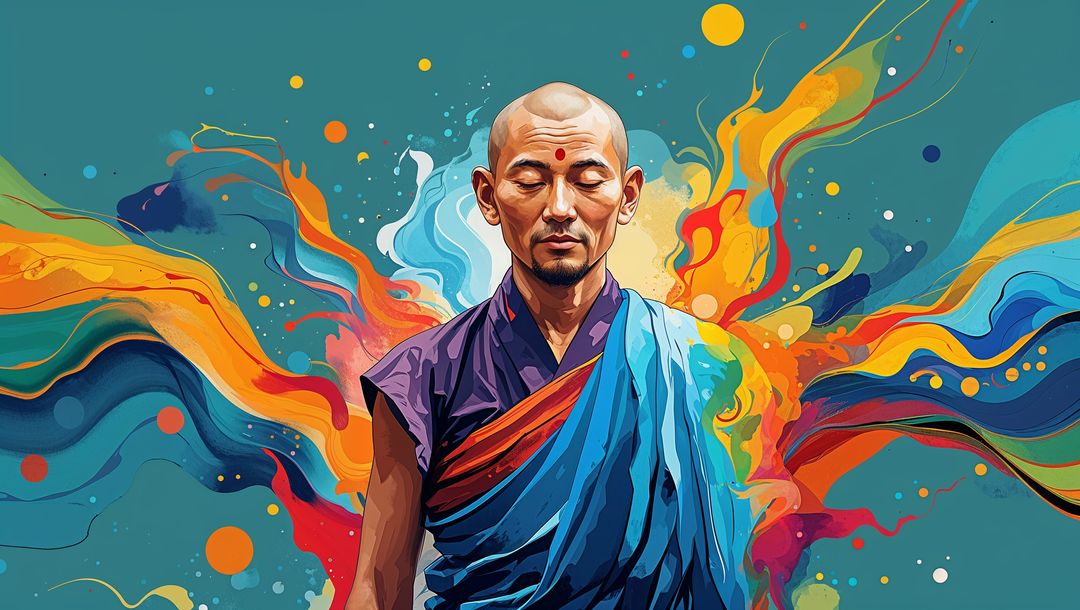 Vibrant Meditation: Abstract Art of Serene Monk with Colorful Energy