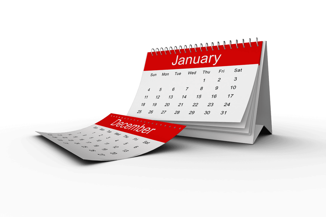 Transparent Desk Calendar Showing December Transition to January