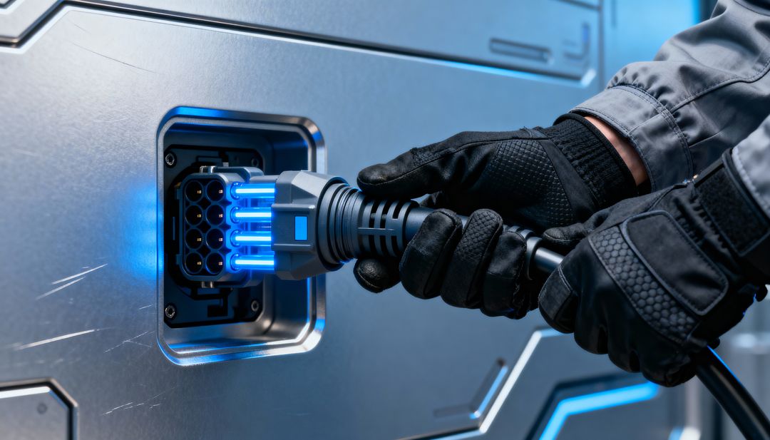 Technician inserting illuminated multipin EV connector into industrial charging panel interface