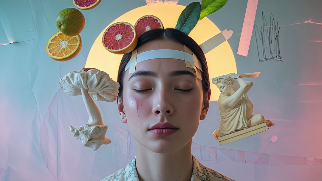 Abstract Art Composition with Contemplative Woman and Surreal Elements