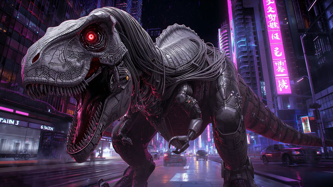 Robotic Tyrannosaurus in Futuristic Neon Cityscape